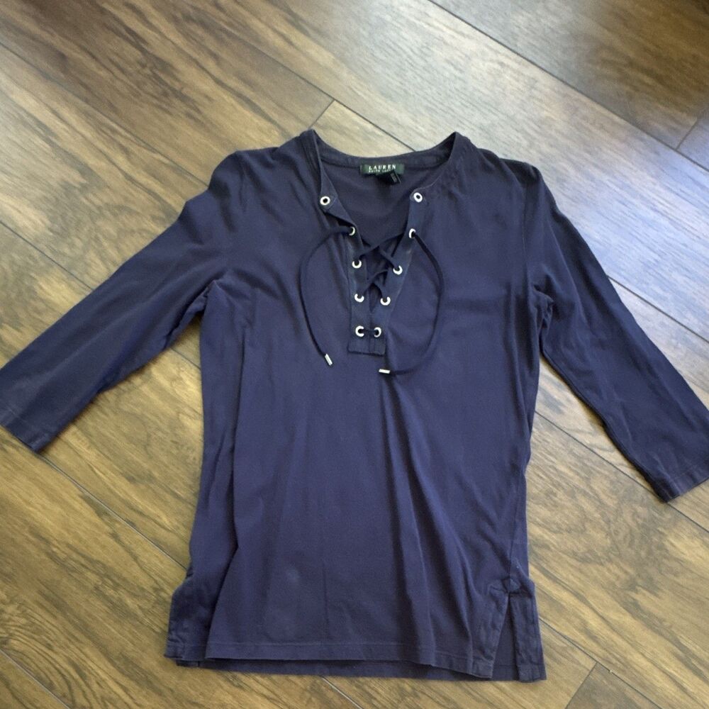Lauren Ralph Lauren Women's M Bandage Navy Blue 3/4 Sleeve Lace Up V-Neck Blouse